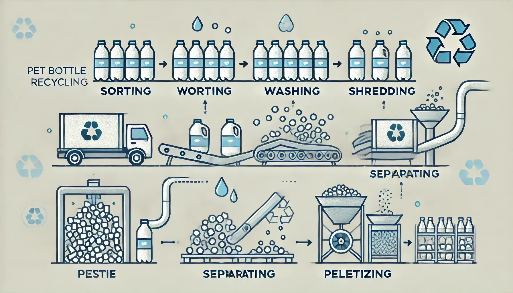 Illustratie van het recyclingproces van petflessen.